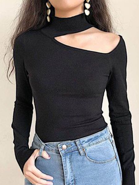 

Skinny Asymmetrical Neck Casual Top, Black, Tops