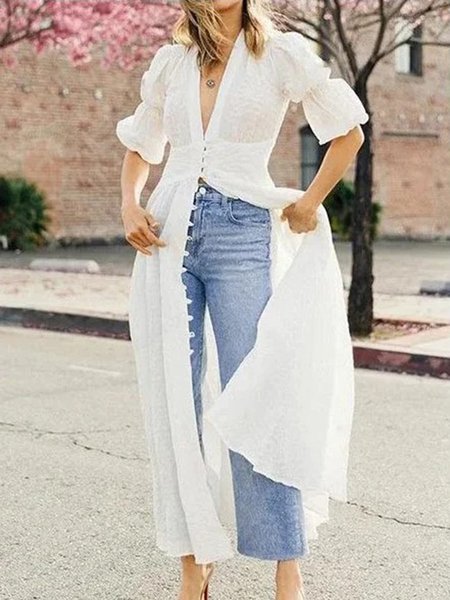 

V Neck Half Sleeve Casual Party Blouse, White, Blouses and Shirts