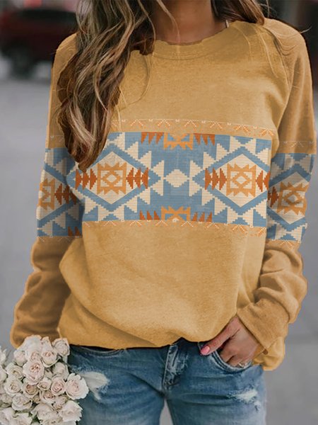

Geometric Ethnic Crew Neck Loosen Sweatshirt, Khaki, Hoodies & Sweatshirts
