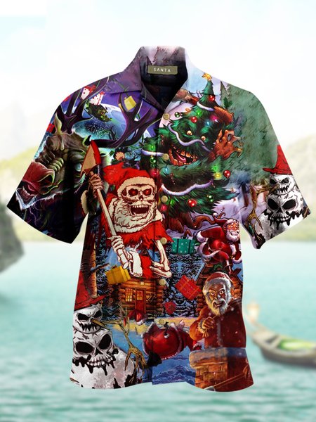 

Mens Christmas Skull Santa Print Loose Short Sleeve Shirts, Red, Men's Floral shirt