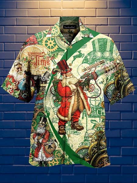 

Mens Santa Gear Print Loose Short Sleeve Shirts, Green, Men's Floral shirt