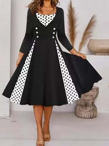 

Polka Dots Regular Fit Crew Neck Dresses, Black-white, Casual Dresses