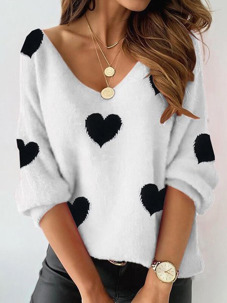 

Printed V Neck Casual Long Sleeve Shirts & Tops, White, Tops