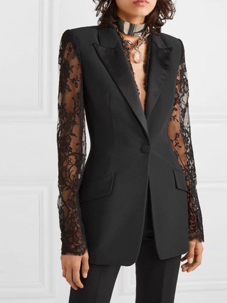 Long Sleeve Elegant Solid Regular Fit Lapel Outerwear, Black, Blazers