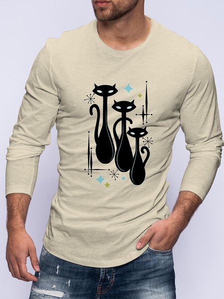 

Black Cat Graphic Long Sleeve Casual Tee, White-yellow, T-shirts