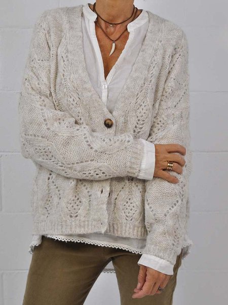

V Neck Casual Plain Outerwear, Apricot, Outerwear