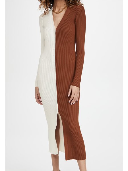 

V neck Elegant Long sleeve Color Block Dress, Coffee, Midi Dresses