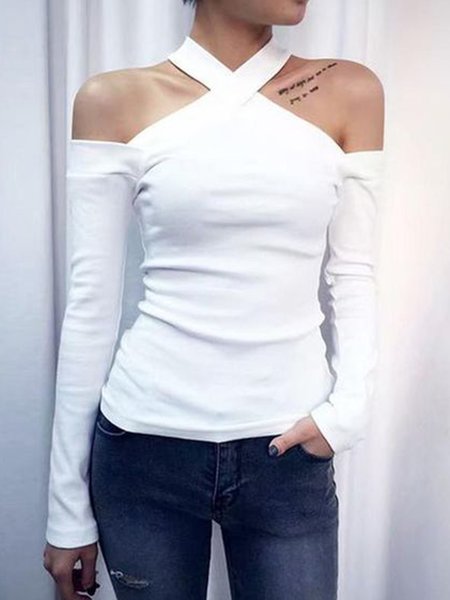 

V Neck Elegant Plain Long Sleeve Top, White, Tops