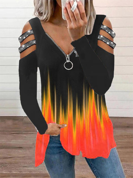 

Long Sleeve Printed Casual Zipper V Neck Shirts & Tops, Multicolor, T-Shirts