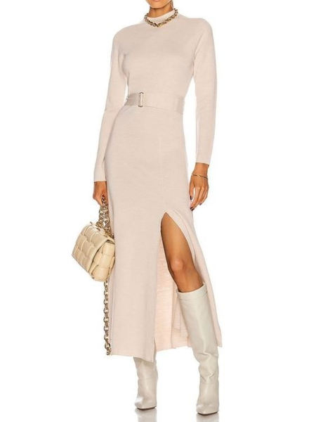

Winter Mid-weight Crew Neck Elegant Long sleeve Elegant Simple Dresses, Apricot, Midi Dresses