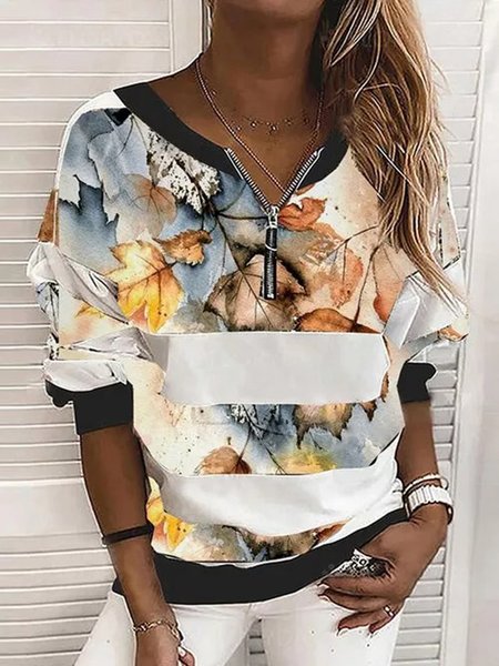 

Leaves Color Block Printed Casual Loosen Sweatshirt, Multicolor, Hoodies & Sweatshirts