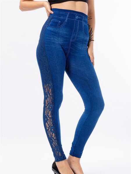 

Solid Denim Skinny Lace Pannel Pants, Blue, Leggings