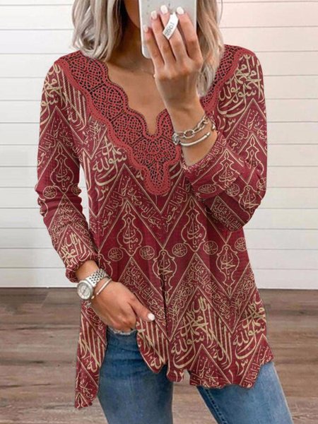 

Tribale Geometrico Stampato Maniche Lunghe Pizzo Scollo a V taglia grande Casuale Top, Rosso, Blouses & Shirts