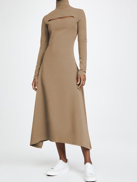 

Regular Fit High Neck Elegant Maxi Dress, Yellow brown, Midi Dresses