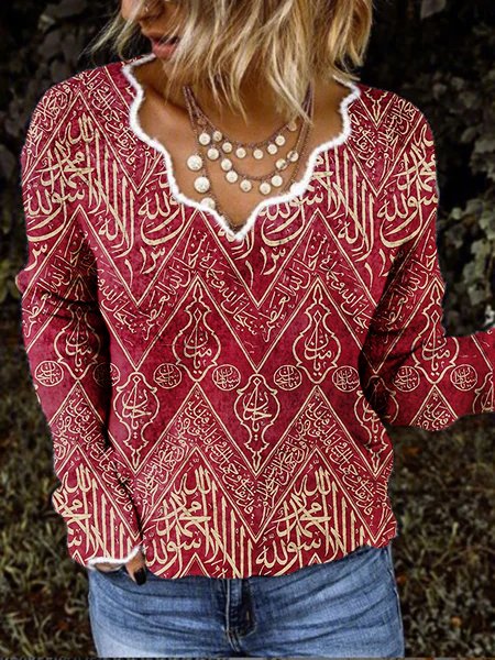 

Printed Long Sleeve V Neck Casual Shirts & Tops, Red, Tops