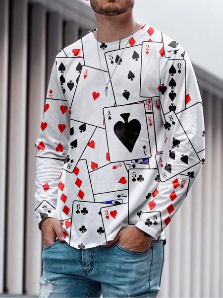 

Playing Card Graphic Round Neck Men's Long Sleeve Casual Tee, As picture, T-shirts