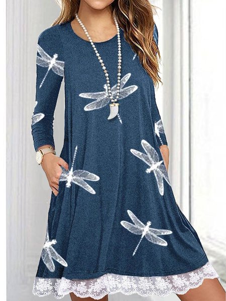 

Casual Crew Neck Cotton Dresses, Blue, Mini Dresses