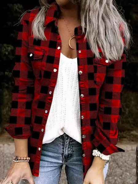 

Casual Loosen Checked/Plaid Long Sleeve Outerwear, Red, Outerwear