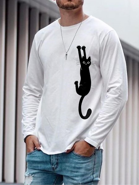 

Funny Cat Graphic Long Sleeve Casual Tee, White, T-shirts