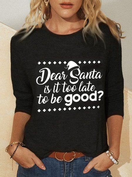 

Letter Casual Long Sleeve Round Neck Plus Size Shirts & Tops, Black, T-Shirts