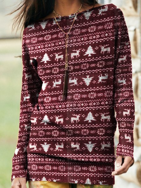 

Christmas Boat Neck Geometric Shirts & Tops, Red, T-Shirts