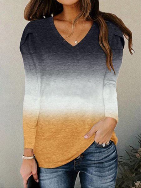 

Color-block Ombre Long Sleeves V Neck Plus Size Casual Tops, Multicolor, T-Shirts