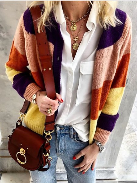 

Hippie Striped Long Sleeves Colorful Knitted Outerwear, As picture, Cardigans