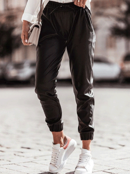 

Loosen Pu Leather Casual Pants, Black, Pants
