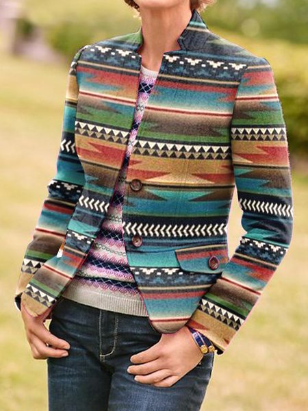 

Tribal Stand Collar Outerwear, Multicolor, Outerwear