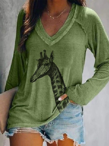 

Casual Long Sleeve V Neck Plus Size Printed Tops T-shirts, Green, T-Shirts