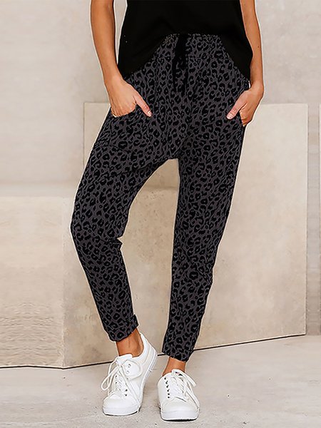 

Loosen Leopard Printed Long Casual Pants, Black, Sport Pants