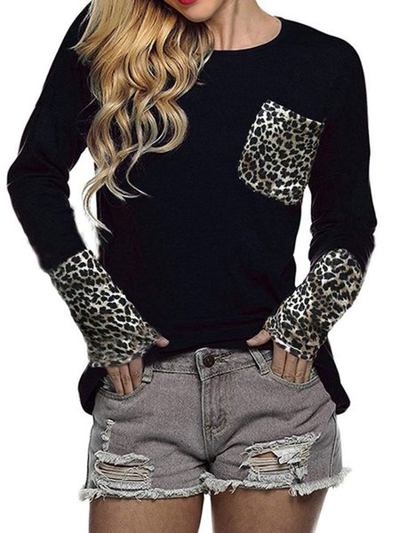 

Casual Loosen Crew Neck Leopard Top, Black, Tops