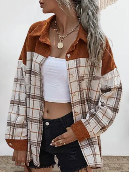 

Casual Household Daily Vintage Checked/Plaid Corduroy Outerwear, Brown, Coats