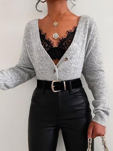 

V Neck Regular Fit Solid Daily Outerwear, Gray, Cardigans