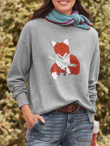 

Fanciful Fox Crew Neck Sweater, Gray, Sweaters