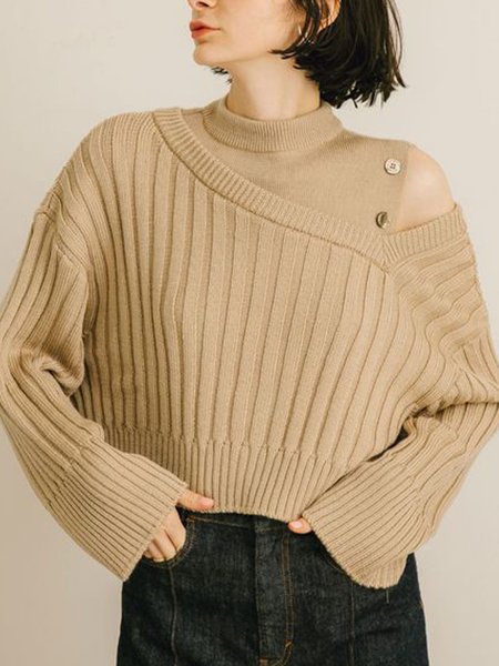 

Plain Loosen High Neck Casual Sweater, Khaki, Pullovers