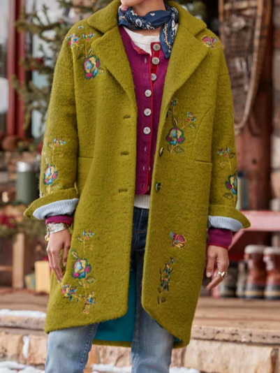 

Lapel Floral Casual Outerwear, Green, Coats