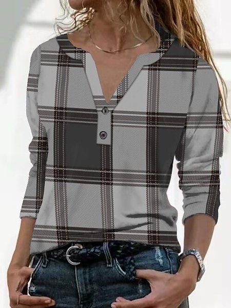 

Checked/Plaid Printed Casual V Neck Loosen Shirts & Tops, Gray, Tops