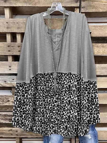 

Casual Long Sleeve V Neck Printed Top, Gray, Tops