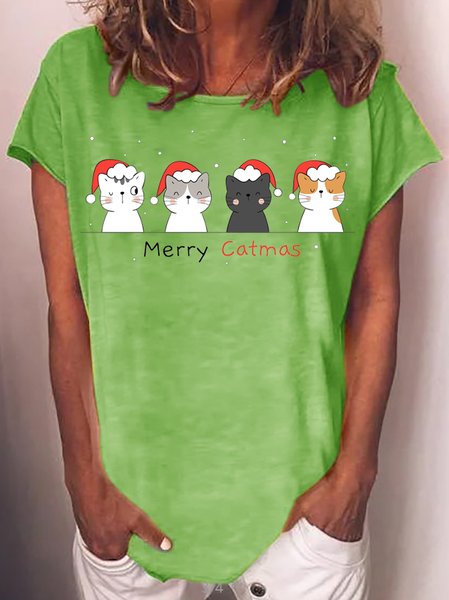 

Merry catmas printed round neck short-sleeved T-shirt, Green, Hoodies&Sweatshirts