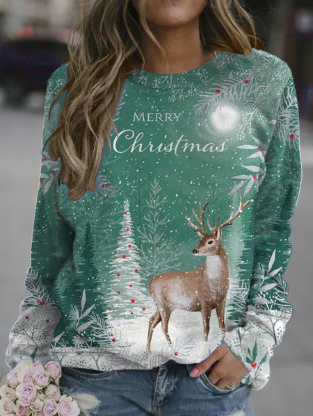 

Christmas print round neck long-sleeved sweatshirt, Green, Hoodies&Sweatshirts