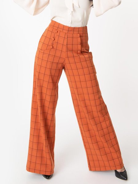 

Vintage Regular fit Grid Long Pants, Orange, Wide Leg Pants