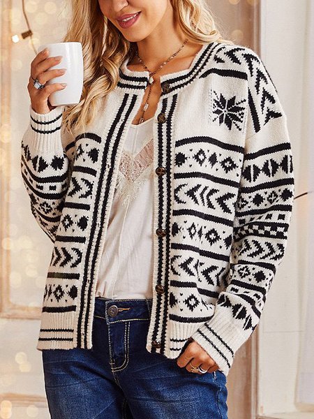 

Loosen Boho Geometric Off Shoulder Outerwear, Black-white, Cardigans