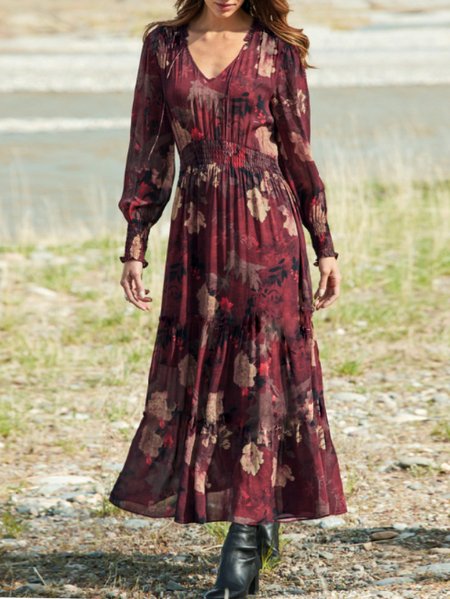 

V Neck Casual Cotton Dresses, As picture, Maxi Dresses