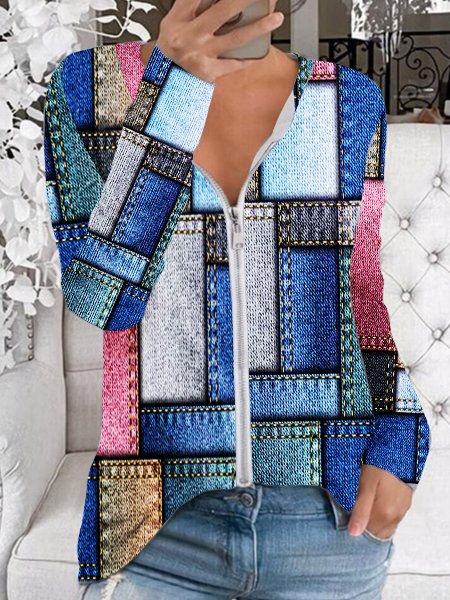 

Casual Color Block Stand Collar Outerwear, As picture, Outerwear