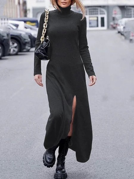 

Casual Solid Turtleneck Long Sleeve Knitting Dress, Deep gray, Dresses