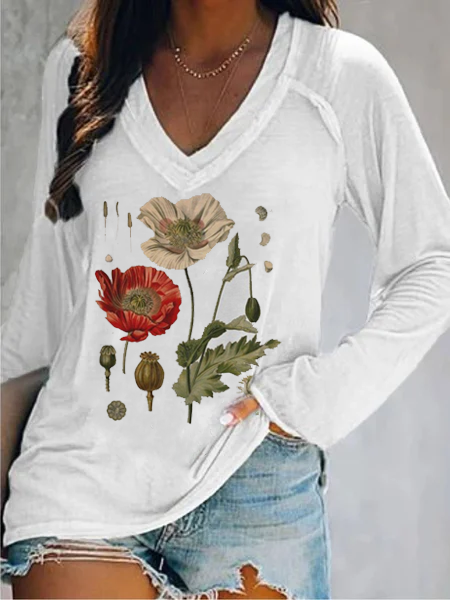Floral Loosen V Neck Shirts & Tops, White, T-Shirts