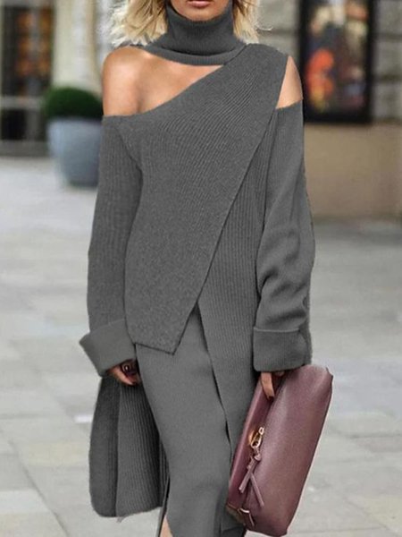 

Casual Plain High Neck Sweater, Gray, Pullovers
