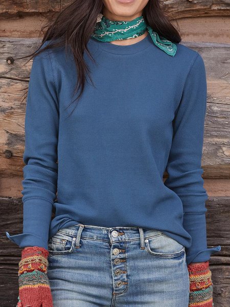 

Crew Neck Casual Cotton Blends Shirts & Tops, Blue, Long sleeve tops