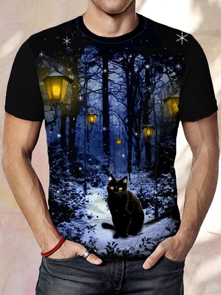 

Black cat print round neck short-sleeved T-shirt, As picture, T-shirts